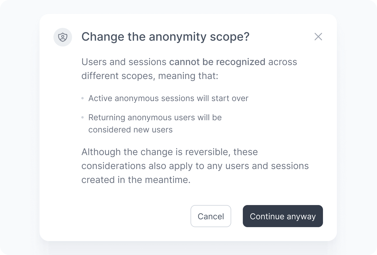 Anonymity scope modal alert
