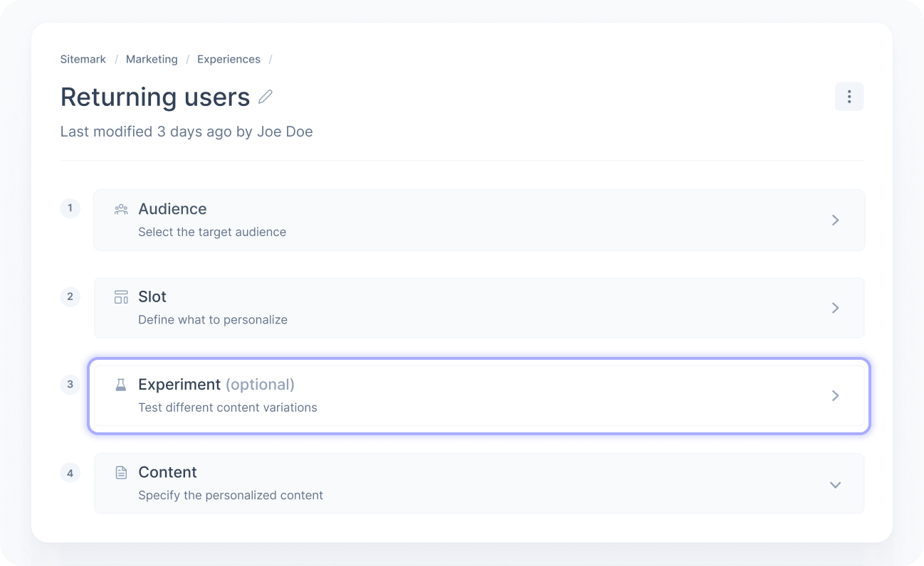 Experience draft with a highlighted experiment panel