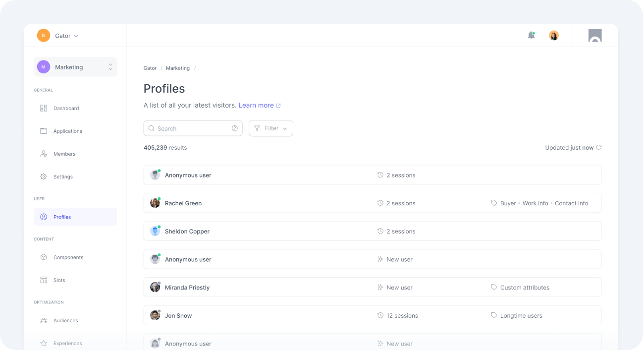 User profile list